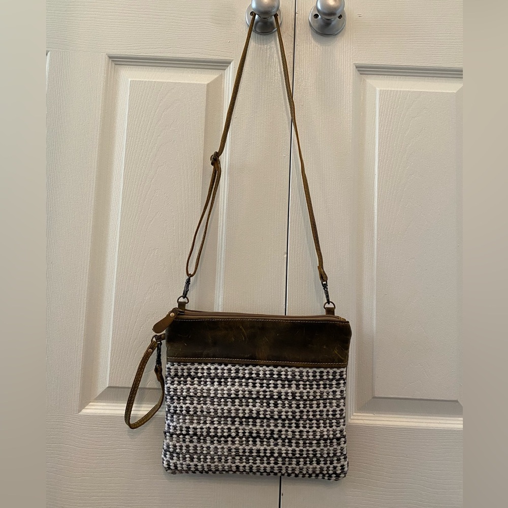 Myra Crossbody Bag Upcycled Tweed Gray Brown Cream Fall Western Leather Wristlet - Picture 8 of 15